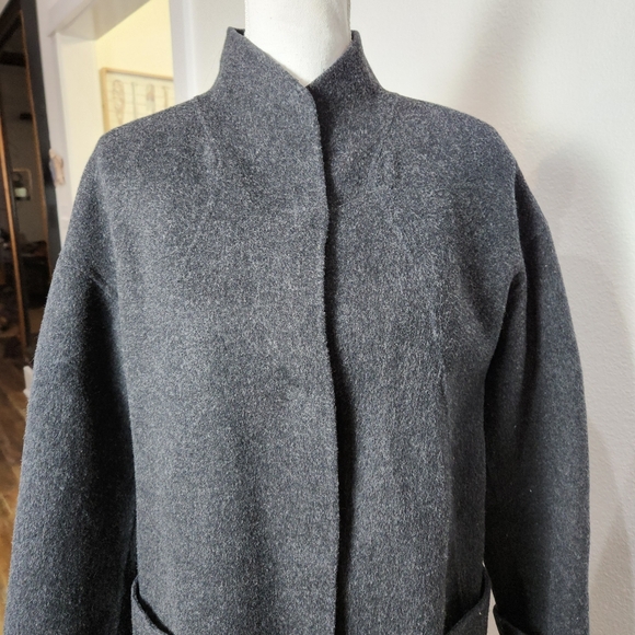 EILEEN FISHER CHARCOAL LIGHTWEIGHT STAND-UP COLLAR WOOL MID LENGTH COAT SZ SMALL - Picture 3 of 14